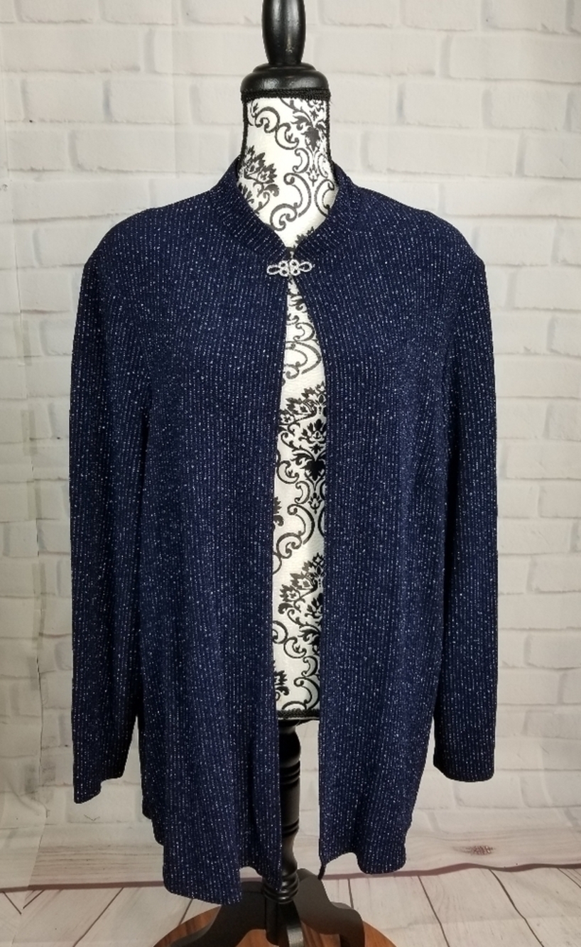 Onyx Nite women's long sleeve stretch knit glitter front hook jacket size 20 b7
